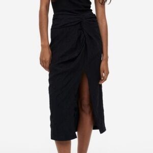 Knot Detail Linen Blend Black Midi Skirt with Slit H&M Size 8